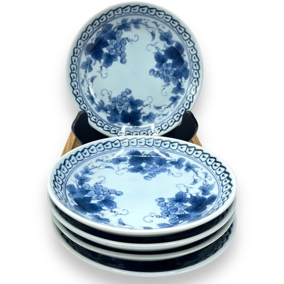 Japanese Vintage Set of 5 Grape Vine Pattern Coupe Plate 6.5" Fujimasa Mark - Picture 1 of 10